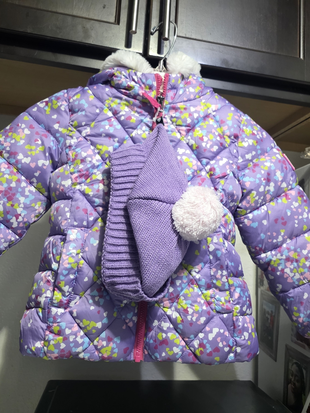 Snozu Purple Heart-Print Puffer Jacket with Hat - Toddler 4T